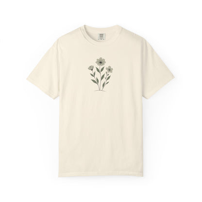 Minimalist Three Flowers Women's Garment-Dyed T-Shirt | Relaxed Unisex Cotton Tee