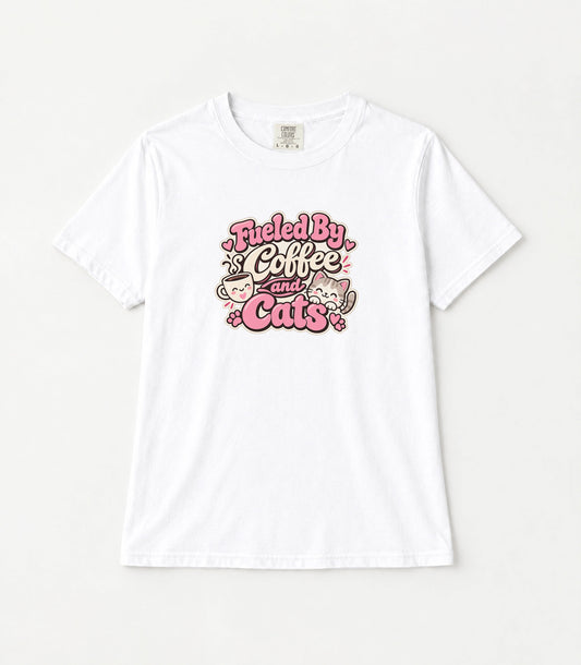 Fueled By Coffee and Cats Women's Garment-Dyed T-Shirt | Relaxed Unisex Cotton Tee