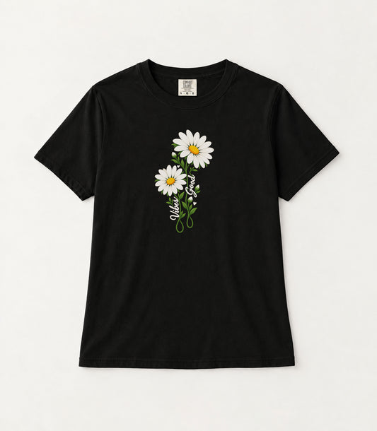 Good Vibes Two Daisies Women's Garment-Dyed T-Shirt | Relaxed Unisex Cotton Tee