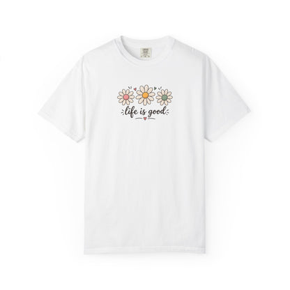 Life Is Good Three Daisies Women's Garment-Dyed T-Shirt | Relaxed Unisex Cotton Tee