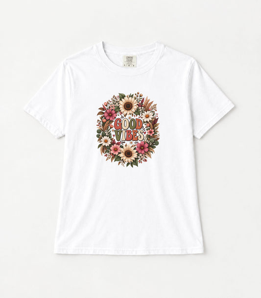 Floral Good Vibes Women's Garment-Dyed T-Shirt | Relaxed Unisex Cotton Tee