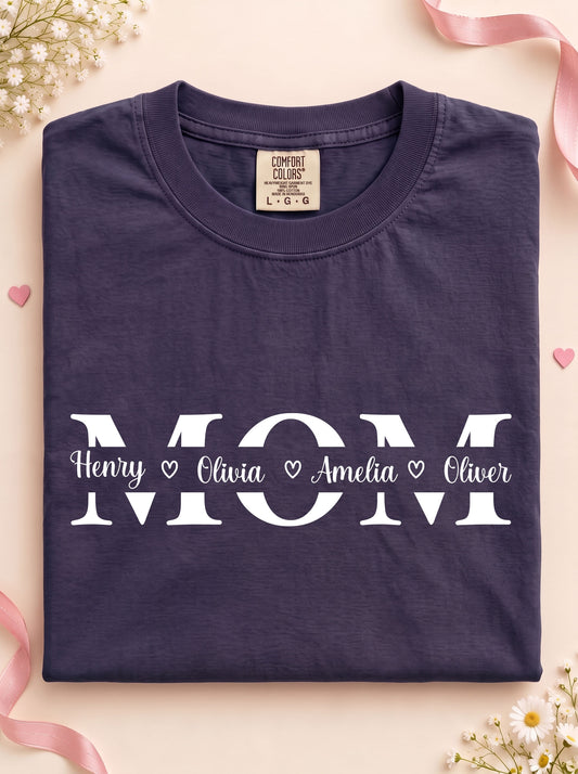 Personalized MOM Unisex Garment-Dyed T-shirt With 100% Ring-Spun Cotton | Custom Children’s Names | Gift for Mom