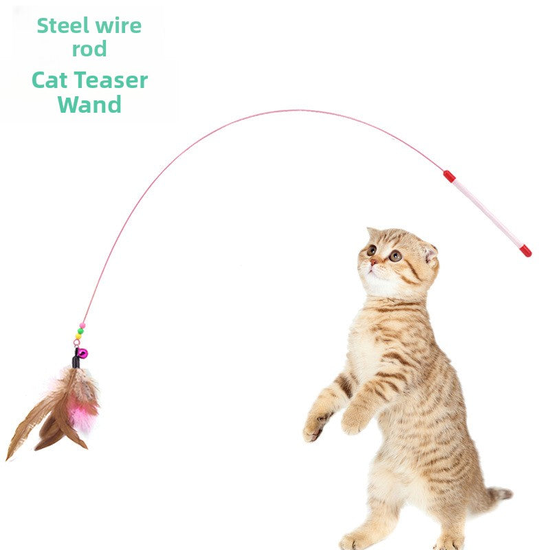 Feather & Bell Cat Teaser Wand — Interactive Steel Wire Toy